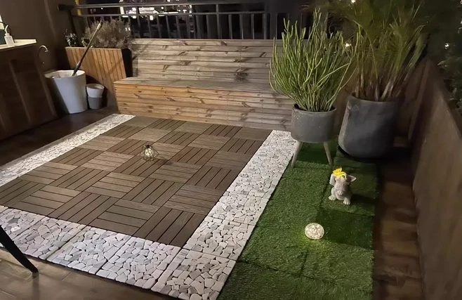 Eco-friendly WPC decking installed in a landscaped Dubai garden,